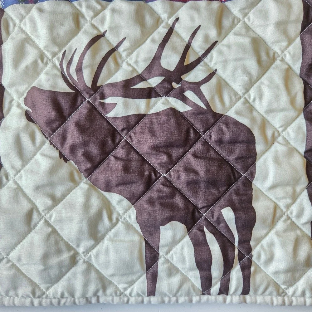 Rustic Lodge Elk Plaid Patchwork Quilted Pillow Sham Set of 2 Brown Cream 25x19